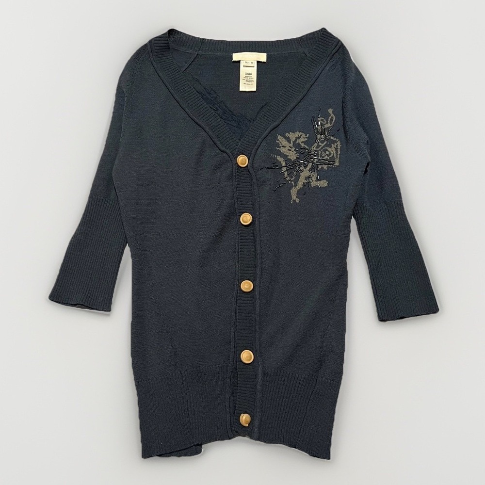 Diesel Womens Black Beaded Dragon Graphic V-Neck Short Sleeve Cardigan Sweater M
